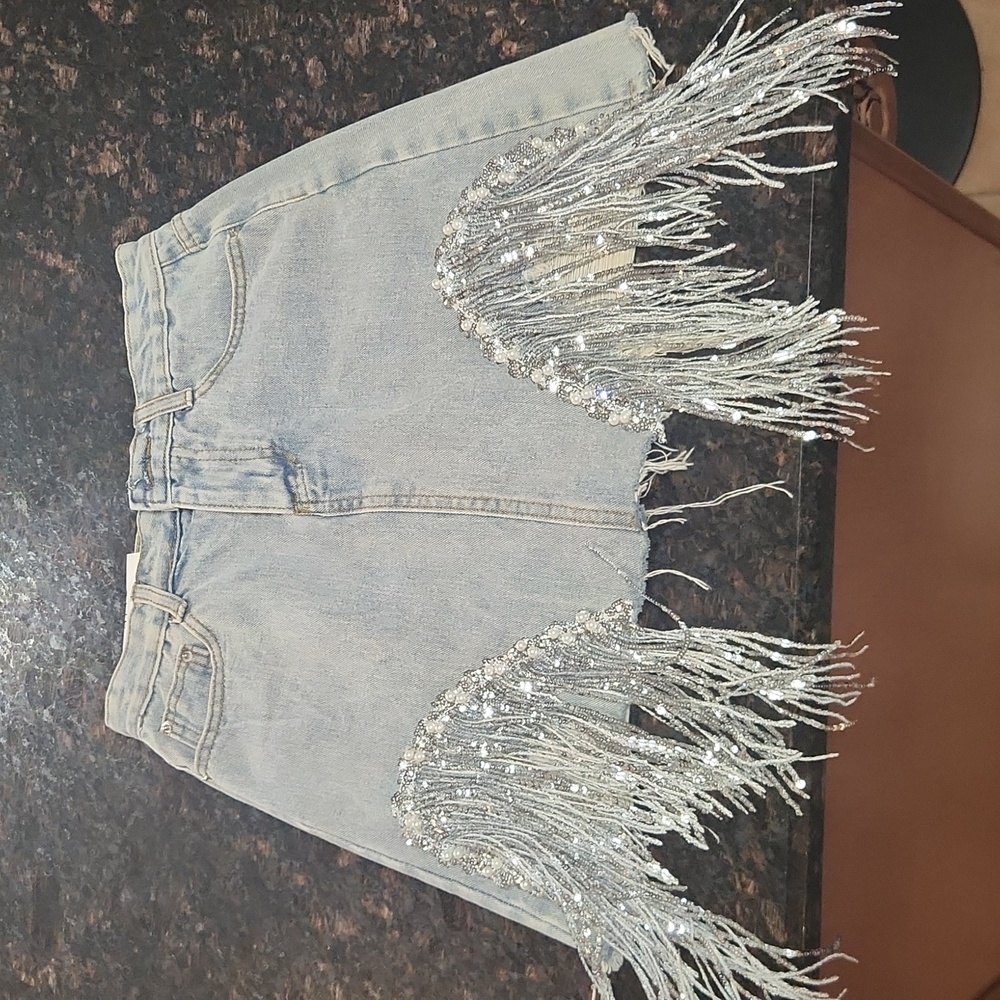 DENIM PEARL SEQUON SKIRT